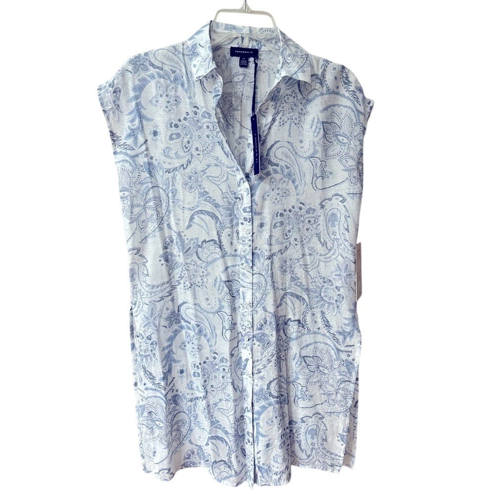 Tamara H Cap Sleeve V Neck Button Down Tunic Top Coverup Blue White Floral Small